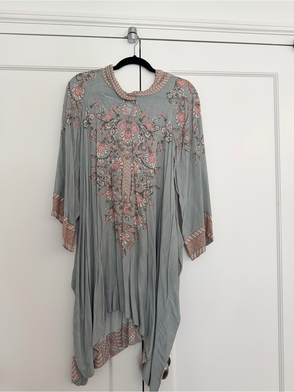 Ritu Kumar Sage Asymmetrical Tunic Dress with Pink Floral Embroidery